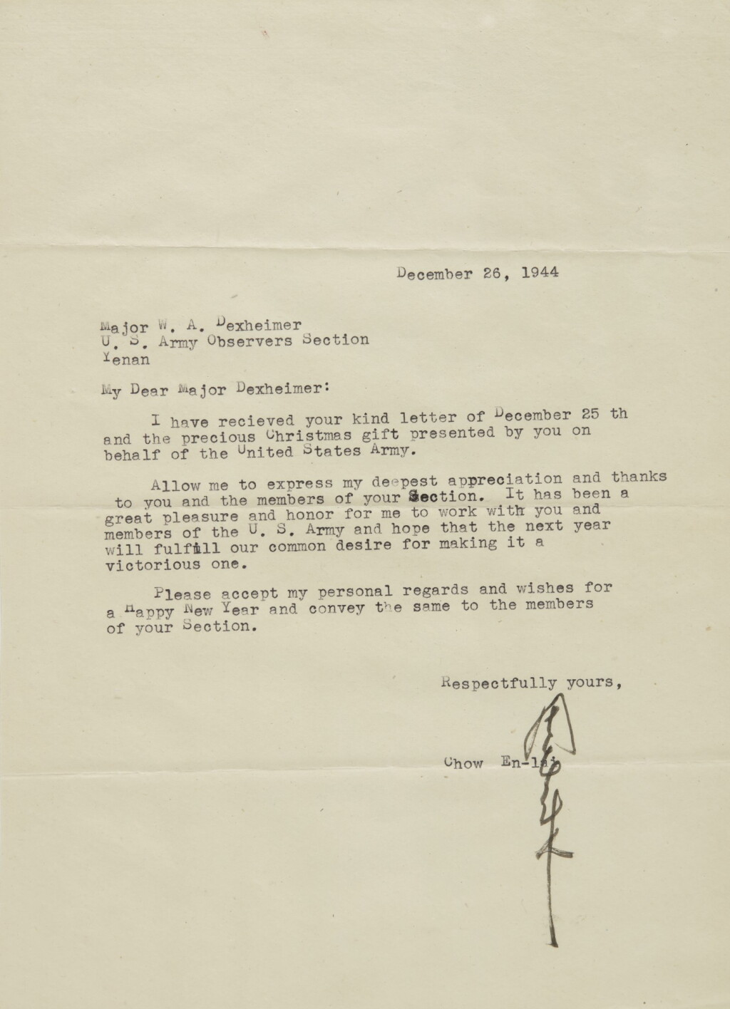 View full screen - View 1 of Lot 154. ZHOU ENLAI | Typed letter signed ("Chow En-Lai") thanking US Major W.A. Dexheimer for a gift presented on behalf of the US Army, and wishing him a Merry Christmas and Happy New Year.