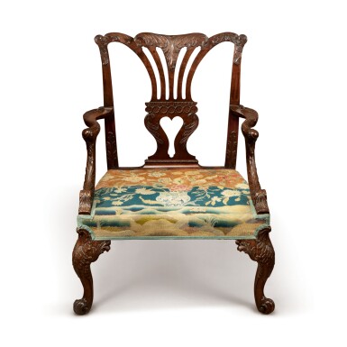 View full screen - View 1 of Lot 569. A GEORGE II MAHOGANY OPEN ARMCHAIR ATTRIBUTED TO THE ST MARTIN'S LANE SYNDICATE, CIRCA 1750.