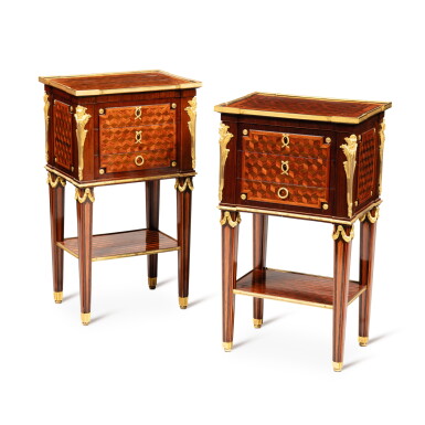 View full screen - View 1 of Lot 285. Two Louis XVI gilt-bronze mounted amaranth, tulipwood and kingwood veneered chiffonieres, matching as a pair, circa 1780, attributed to Philippe-Claude Montigny | Deux tables chiffonières formant paire en placage d'amarante, bois de violette, bois de rose et bronze doré, d'époque Louis XVI, vers 1780, attribuées à Philippe-Claude Montigny.