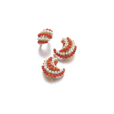View full screen - View 1 of Lot 157. CULTURED PEARL AND CORAL DEMI-PARURE.