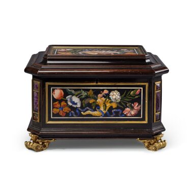 View full screen - View 1 of Lot 145. An Italian Gilt-Bronze and Amethyst Mounted Pietre Dure and Ebony Casket, Florentine, Grand Ducal Workshops, Late 17th/Early 18th Century.