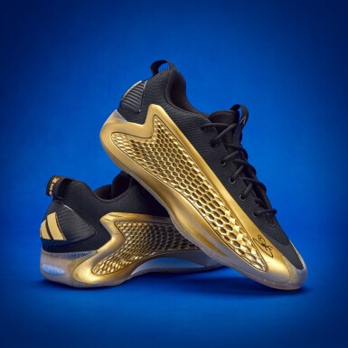 View full screen - View 1 of Lot 61. Stephen Curry 2025-2026 All-Star Media Day Worn Dual-Signed adidas AE1 Low 'Gold Medal’ PE .