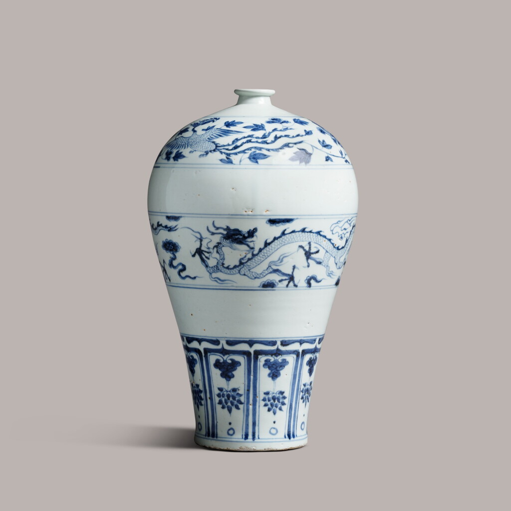View full screen - View 1 of Lot 343. A rare blue and white 'dragon and phoenix' meiping Yuan Dynaysty | 元 青花龍鳳紋梅瓶.