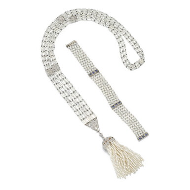 View full screen - View 1 of Lot 1044. Seed pearl and diamond necklace and a seed pearl, sapphire and diamond bracelet.