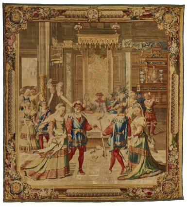 View full screen - View 1 of Lot 22. A French Allegorical Months Tapestry, 'January', from the series 'The Months of Lucas', Gobelins manufactory, workshop under direction of Michel Audran (1701-1771), woven circa 1732-1737, after designs by the Master of the Months of Lucas (Netherlands, circa 1535).