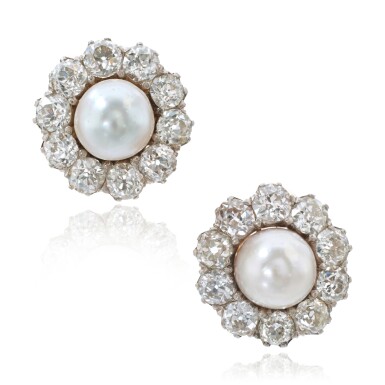 View full screen - View 1 of Lot 812. Pair of Natural Pearl and Diamond Earrings.