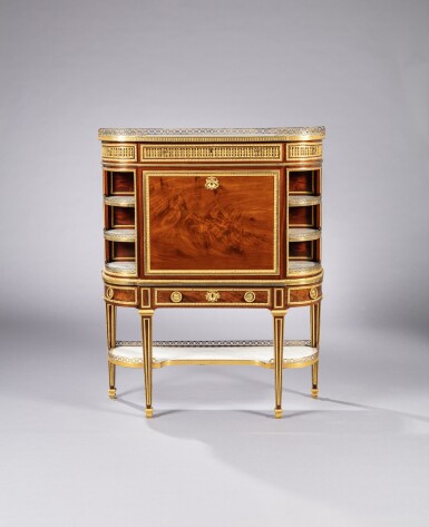 View full screen - View 1 of Lot 25. A Louis XVI gilt-bronze mounted flamed mahogany secretaire en cabinet, circa 1780, stamped by Jean-Henri Riesener and Adam Weisweiler | Secrétaire en cabinet en placage d'acajou flammé d'époque Louis XVI, vers 1780, estampilles de Jean-Henri Riesener et Adam Weisweiler.