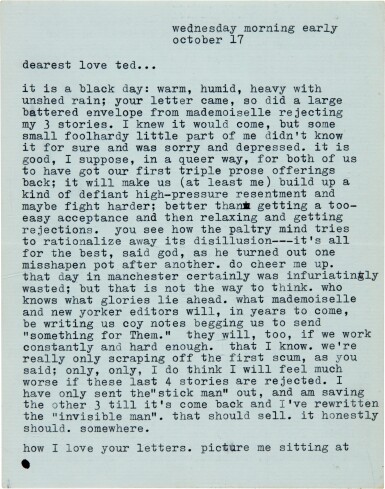 View full screen - View 1 of Lot 15. Sylvia Plath | Typed letter signed, to Ted Hughes, on her study of the tarot and Cambridge life, 17 October 1956.