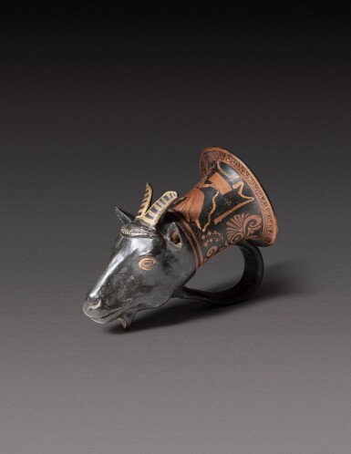 View full screen - View 1 of Lot 113. An Apulian Red-figured Rhyton, circa 350-330 B.C..