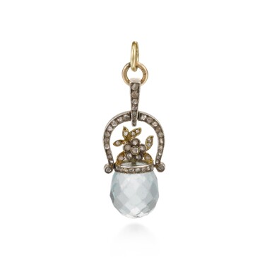 View full screen - View 1 of Lot 413. A Fabergé jewelled gold and aquamarine basket of flowers egg pendant, workmaster August Holmström, St Petersburg, circa 1900 .