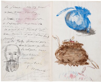 View full screen - View 1 of Lot 142. Exceptionnelle lettre illustrée et inédite à Mme Jules Guillemet. 1880. 3 p. Aquarelles originales (différentes pochettes) et portrait de Jules Guillemet.