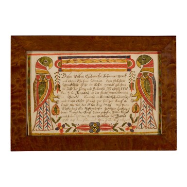 View full screen - View 1 of Lot 1666. FRAKTUR BIRTH AND BAPTISMAL CERTIFICATE FOR DAVID BERCK, BERKS COUNTY, PENNSYLVANIA, CIRCA 1810.