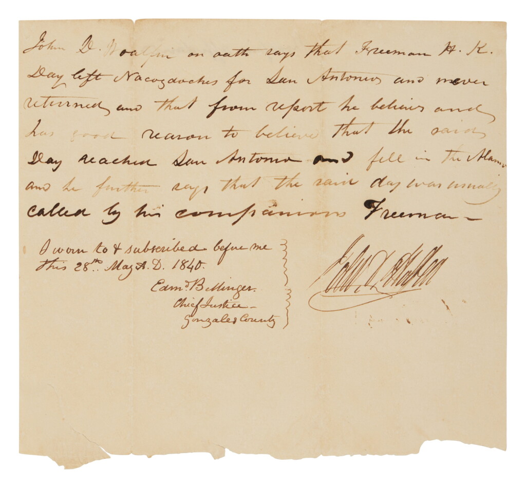 View full screen - View 1 of Lot 99. (Texas) — (Day, Freeman H. K.) | Confirmation of the death of Alamo defender Freeman H. K. Day.