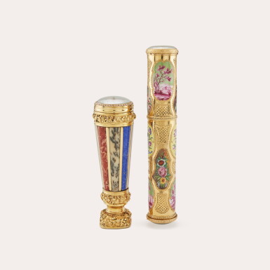 View full screen - View 1 of Lot 646. A set composed of a Louis XV yellow gold and enameled etui with integrated watch, compass, and calendar, Circa 1750-56, and a yellow gold, pearl and hardstone-set desk seal with integrated watch, Circa 1820-30s.