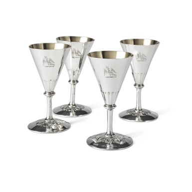 View full screen - View 1 of Lot 329. A SET OF FOUR UNUSUAL GEORGE IV SILVER GOBLETS, BENJAMIN SMITH, LONDON, 1824.
