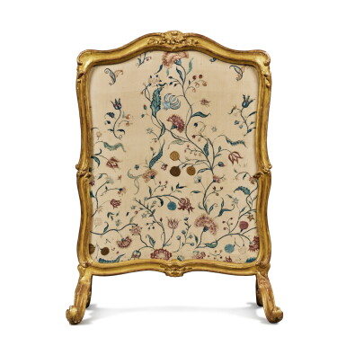 View full screen - View 1 of Lot 472. A Louis XV Carved Giltwood Fire Screen with Associated Silk Needlework Panel, Mid-18th Century .