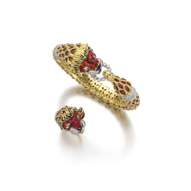 View full screen - View 1 of Lot 232. ENAMEL AND DIAMOND DEMI-PARURE, KUTCHINSKY.