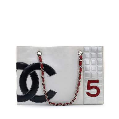 View full screen - View 1 of Lot 746. White and Silver Canvas and Lambskin Chocolate Bar No 5 Tote Silver Hardware, 2002.