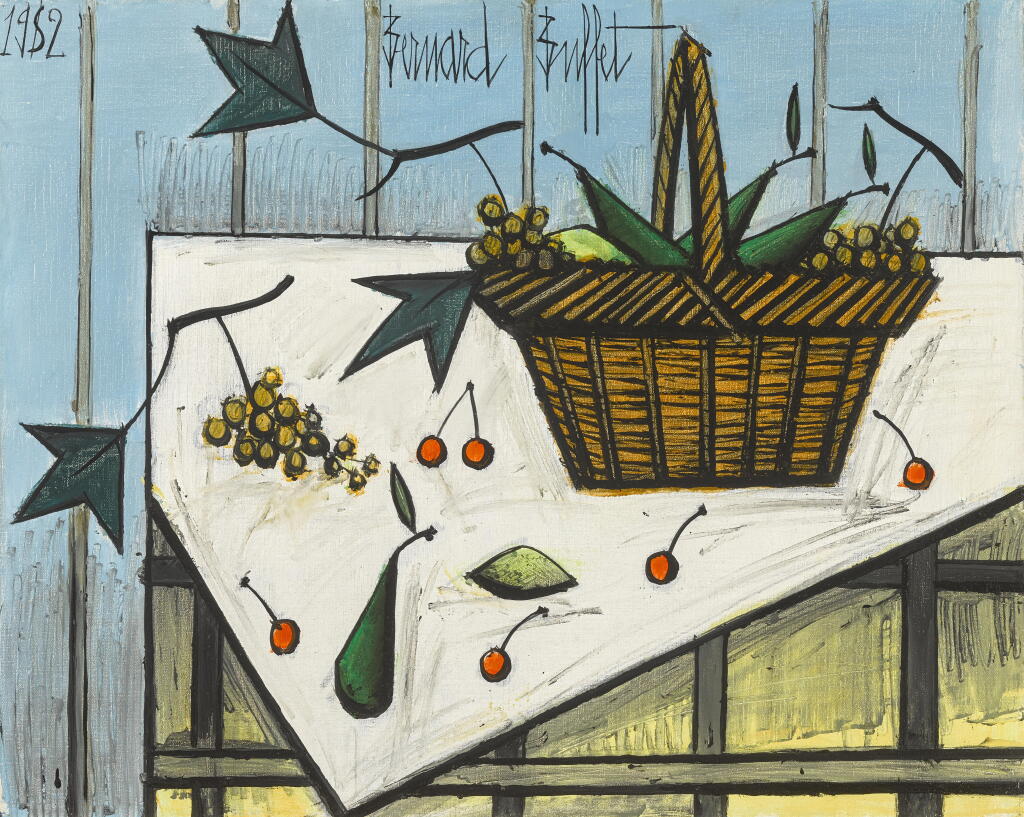 View full screen - View 1 of Lot 32. Nature morte au panier fond bleu.