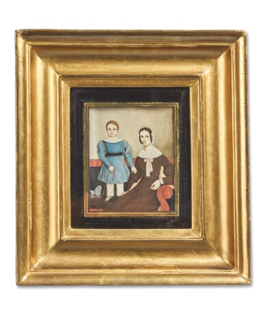 View full screen - View 1 of Lot 1023. ATTRIBUTED TO MOSES B. RUSSELL | MINIATURE PORTRAIT OF MOTHER AND CHILD IN A BLUE DRESS WITH A PULL-TOY POODLE.