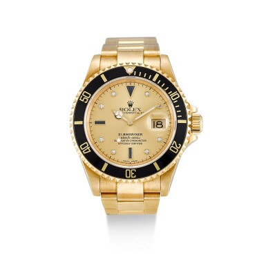 View full screen - View 1 of Lot 129. ROLEX | SUBMARINER, REFERENCE 16618, A YELLOW GOLD, DIAMOND AND SAPPHIRE-SET WRISTWATCH WITH DATE AND BRACELET, CIRCA 1994.