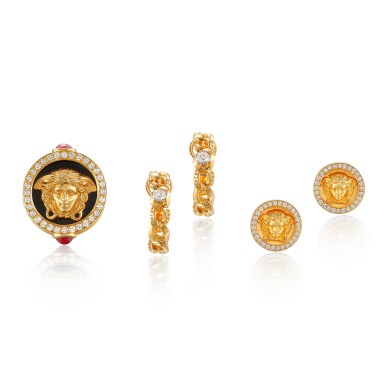 View full screen - View 1 of Lot 653. Two Pairs of Diamond Earrings; and Ruby, Diamond and Enamel Ring | Versace | 鑽石耳環兩對 及 紅寶石, 鑽石 配 配 琺瑯彩 戒指.