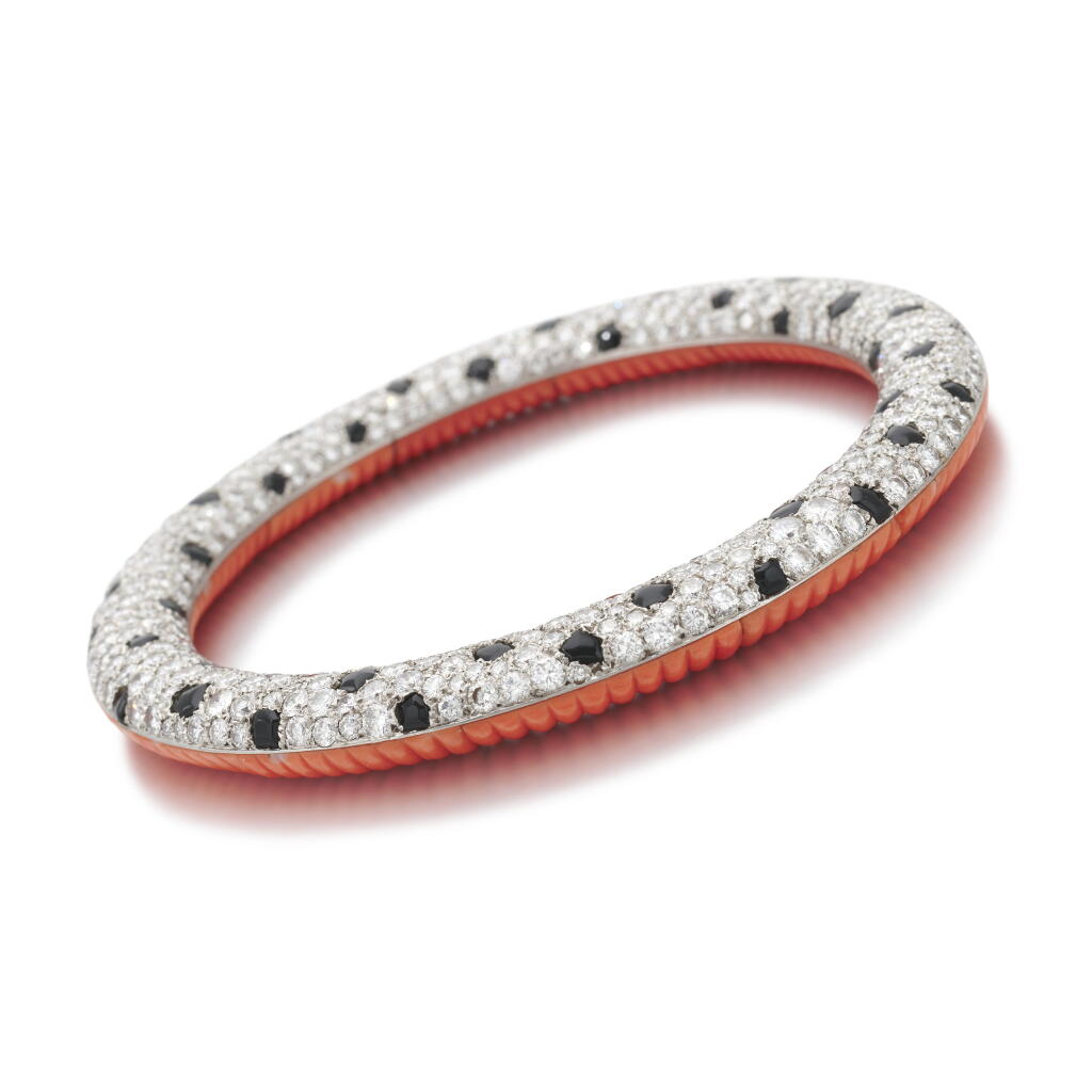 View full screen - View 1 of Lot 243. Onyx, coral and diamond bangle | Bracciale in onice, corallo e diamanti .