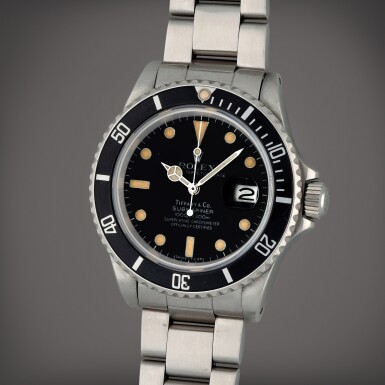 View full screen - View 1 of Lot 110. Retailed by Tiffany & Co: Submariner, Reference 16800 | A stainless steel wristwatch with date and bracelet | Circa 1984 | 勞力士 | Submariner 型號16800 | 精鋼鏈帶腕錶備日期顯示,零售商為蒂芙尼,製作年份約1984.