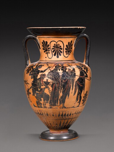 View full screen - View 1 of Lot 142. An Attic Black-figured Neck Amphora, attributed to the Edinburgh Painter, circa 500-490 B.C..