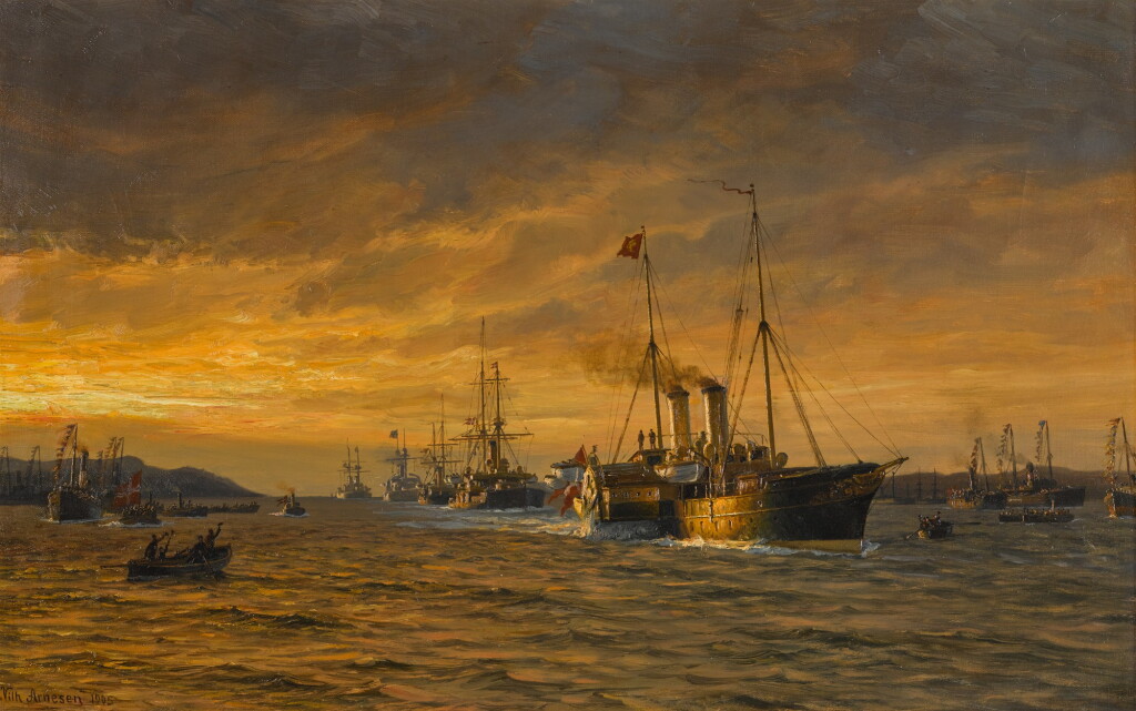 View full screen - View 1 of Lot 85. VILHELM ARNESEN | Prince Carl and Princess Maud arriving in the Oslofjord as King Haakon VII and Queen Maud of Norway in 1905.