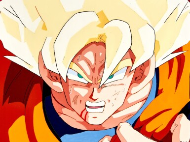 View full screen - View 1 of Lot 33. Super Saiyan Goku (Episode 129) Animation Cel with Printed Background | 超級撒亞人孫悟空(第129集)賽璐璐,附印刷背景.