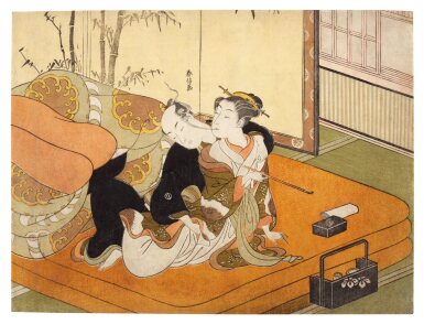View full screen - View 1 of Lot 4. Suzuki Harunobu (1725-1770) | Courtesan blowing smoke in man's face | Edo period, 18th century.