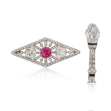 View full screen - View 1 of Lot 1650. Ruby and Diamond Brooch, Circa 1910; Rock Cystal, Onyx and Diamond Brooch, Circa 1940 | 紅寶石 配 鑽石胸針,年份約 1910及 水晶 配 縞瑪瑙 配 鑽石胸針,年份約 1940 .