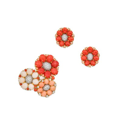 View full screen - View 1 of Lot 247. Coral and Diamond Clip-Brooch and Pair of Earclips.