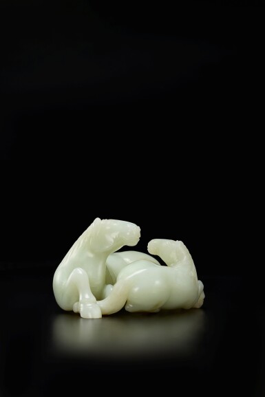 View full screen - View 1 of Lot 218. A superb pale celadon jade 'twin horses' group, Qing dynasty, Qianlong period.