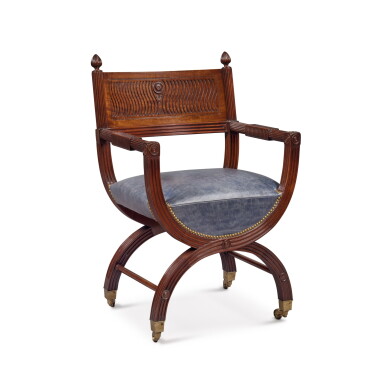 View full screen - View 1 of Lot 1797. A Victorian Mahogany X-Frame Armchair attributed to Marsh, Jones & Cribb after a design by Thomas Hope, Circa 1880.