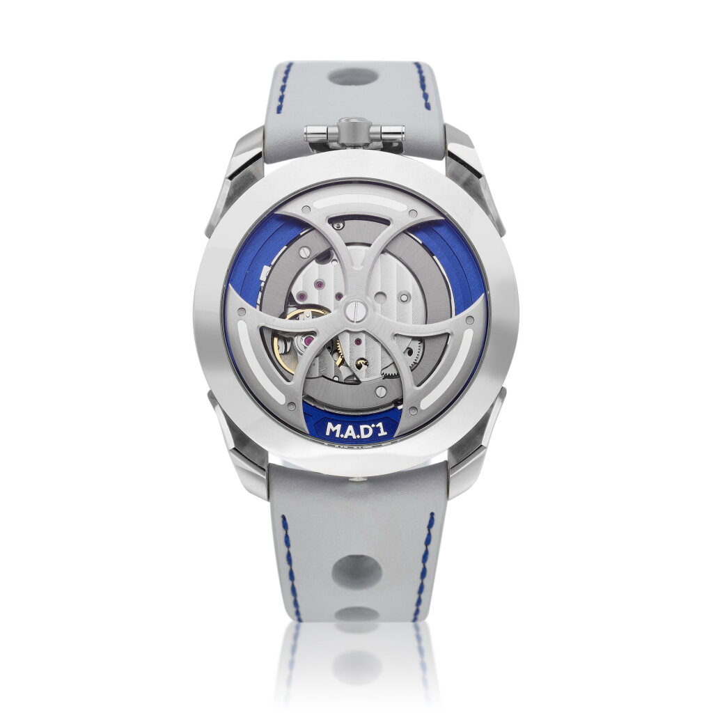 View full screen - View 1 of Lot 8044. M.A.D.1 | A stainless steel semi-skeletonised wristwatch with lateral time display and triple-blade winding rotor, Made in collaboration with MB&F, Circa 2021 | M.A.D.1 | 精鋼半鏤空腕錶,備橫向時間顯示及三葉擺陀,與 MB&F 合製,約2021年製.