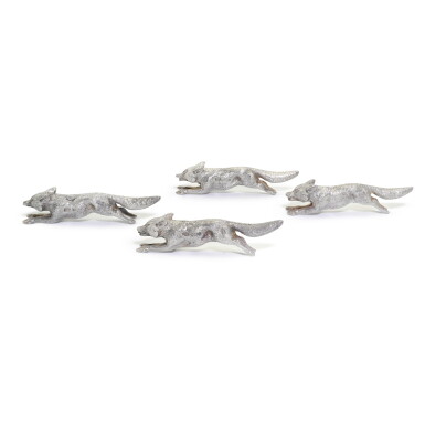 View full screen - View 1 of Lot 65. A cased set of four silver fox form knife rests, William Hutton & Sons Ltd., Sheffield, 1921.