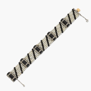 View full screen - View 1 of Lot 225. Onyx, Seed Pearl and Diamond Bracelet .