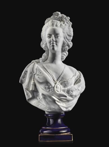 View full screen - View 1 of Lot 34. A French Biscuit Porcelain Bust of Marie Antoinette, 19th Century.