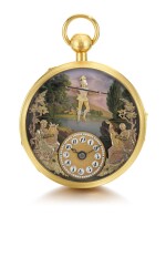 'THE TIGHTROPE WALKER' DUBOIS ET FILS | A VERY RARE AND FINE GOLD AND ENAMEL QUARTER REPEATING TWO TRAIN MUSICAL WATCH WITH TIGHTROPE WALKING AUTOMATON AND TWO MUSICIANS PLAYING MUSIC, MADE FOR THE CHINESE MARKET CIRCA 1810