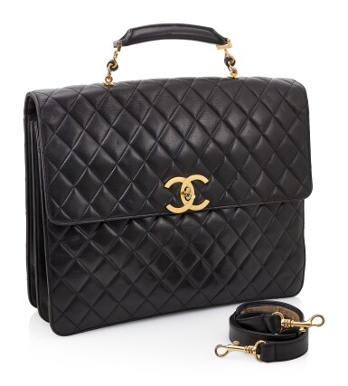 View full screen - View 1 of Lot 171. BLACK LEATHER QUILTED BRIEFCASE WITH GOLD-TONE METAL, CHANEL.