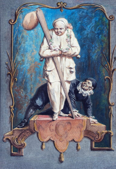 View full screen - View 1 of Lot 185. Two actors standing on an ornamental platform | Deux acteurs devant des ornements.