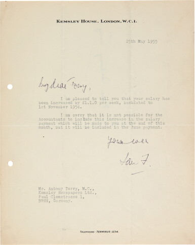 View full screen - View 1 of Lot 37. Ian Fleming | Typed letter signed, to Anthony Terry, May 1955.