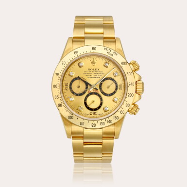 View full screen - View 1 of Lot 2111. Cosmograph Daytona "Inverted 6", Reference 16528 | A yellow gold and diamond-set chronograph wristwatch with bracelet, Circa 1992.