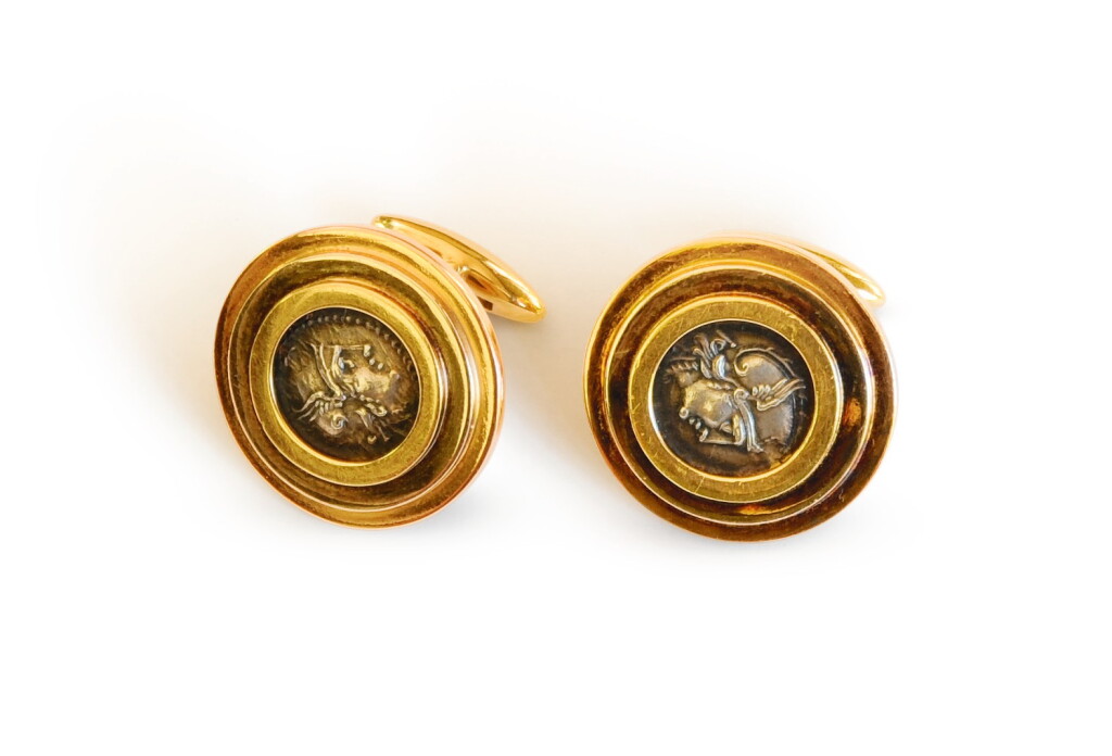 View full screen - View 1 of Lot 19. BULGARI PAIR OF GOLD AND ANCIENT COIN 'MONETE' CUFFLINKS.