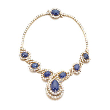 View full screen - View 1 of Lot 504. Sapphire and diamond necklace.