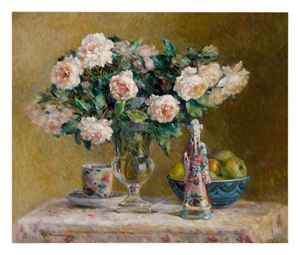 View full screen - View 1 of Lot 1111. PIERRE-FÉLIX FIX-MASSEAU | STILL LIFE WITH ROSES AND A CHINESE COURTIER.