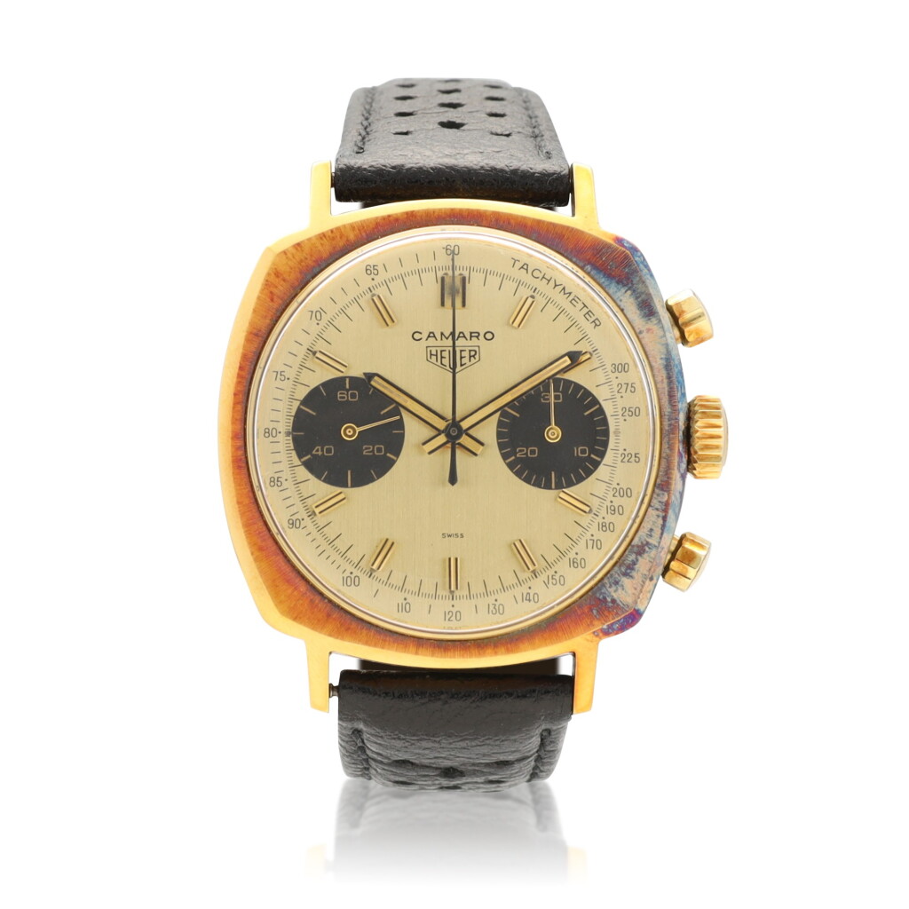 View full screen - View 1 of Lot 9351. Heuer | Camaro, Reference 73345, A gold plated chronograph wristwatch, Circa 1970 | 豪雅 | Camaro 型號73345 鍍金計時腕錶,約1970年製.