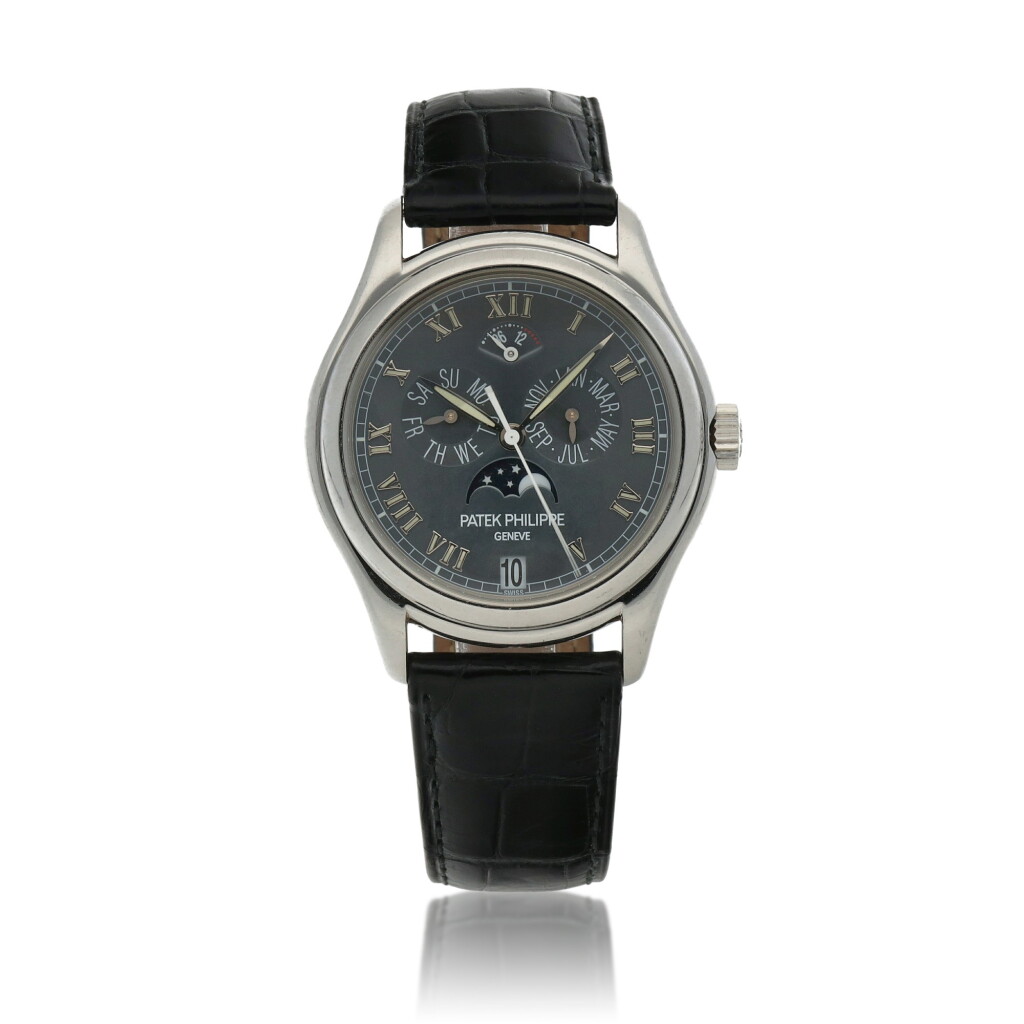 View full screen - View 1 of Lot 83. Ref. 5056P, Platinum annual calendar wristwatch with moon phases and power-reserve indication Circa 2002 | 百達翡麗 | 5056P型號鉑金年曆腕錶備月相及動力儲存顯示,約2002年製.
